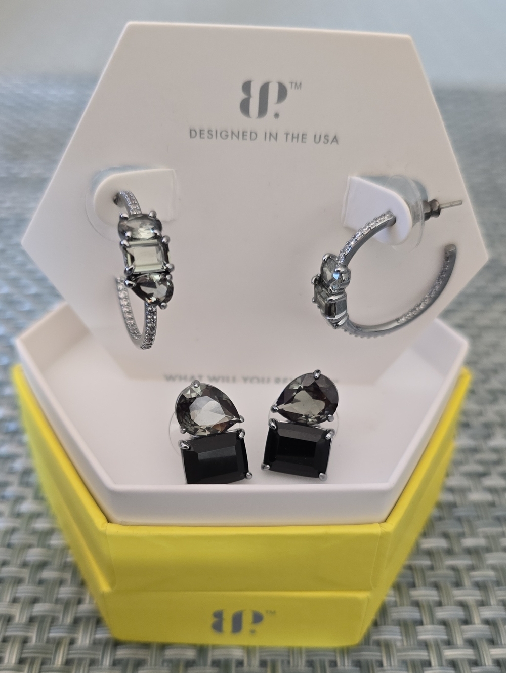 bp Hoop & Stud Earring Set with Black and Smoky Stones
